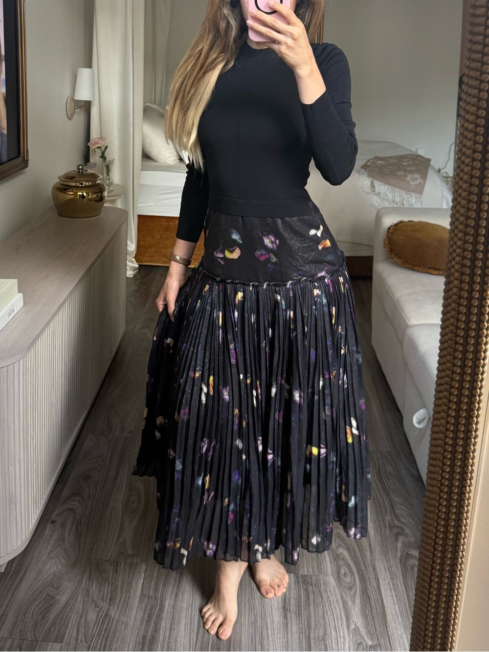 Ted Baker Miiriam Floral Pleated Midi Dress Black Mixed Media Size 2